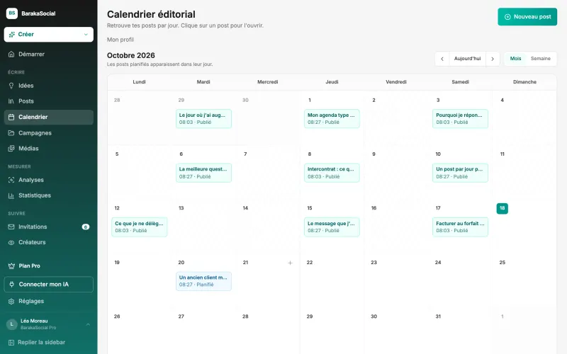 L'écran Calendrier de BarakaSocial