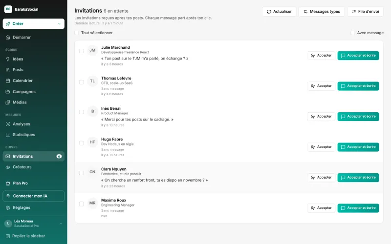 L'écran Invitations de BarakaSocial